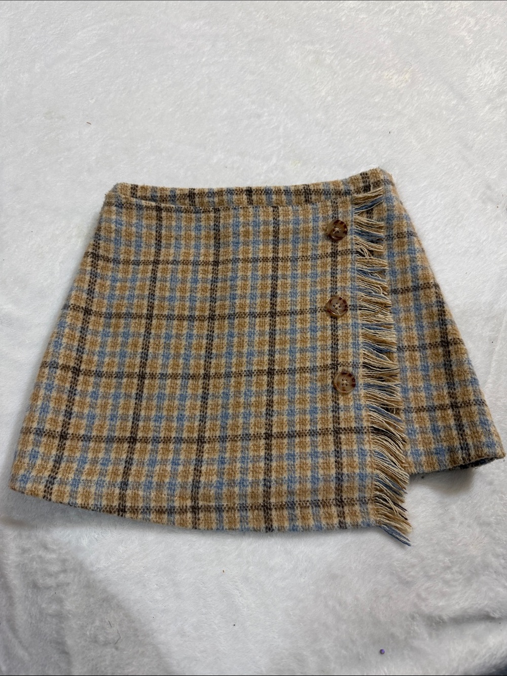 EUC GB girls tan, brown,blue plaid asymmetrical fringe skirt 6